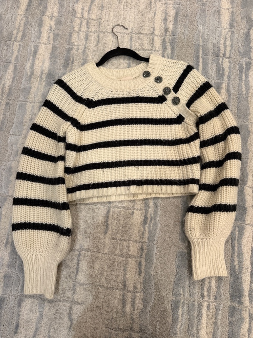 Cinq a Sept Striped Crewneck Cropped Sweater with Button Detail - Cream & Black